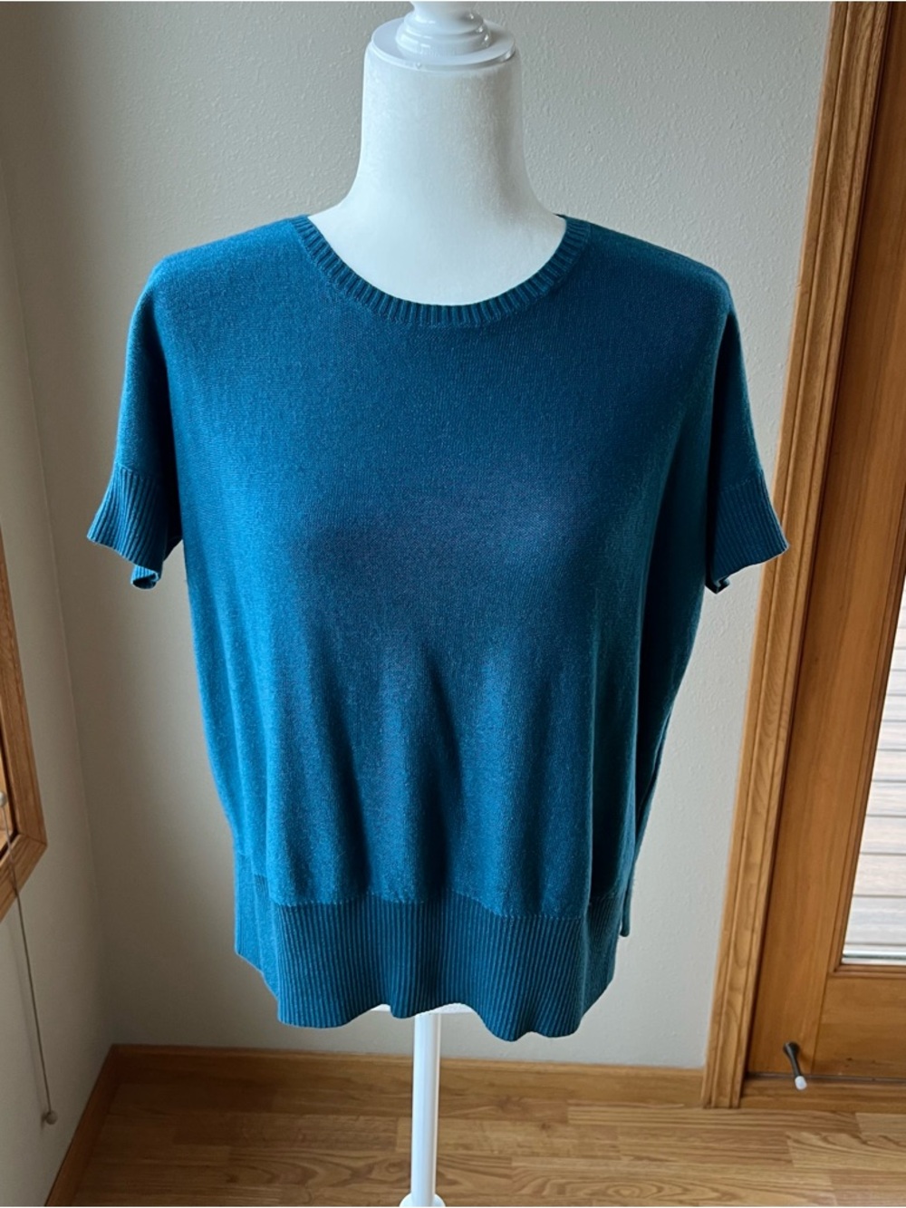 Eileen Fisher Sweater Women’s XS Teal Short Sleeve Merino Wool Blend Oversized